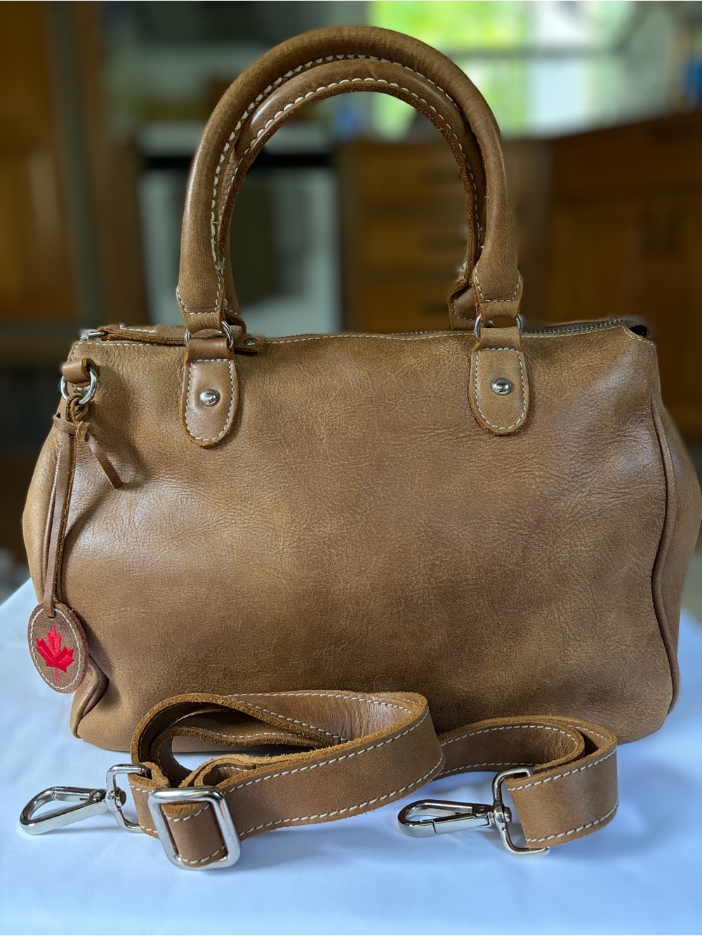 Roots Grace Satchel Crossbody Bag in Tribe Leather Natural Tan
